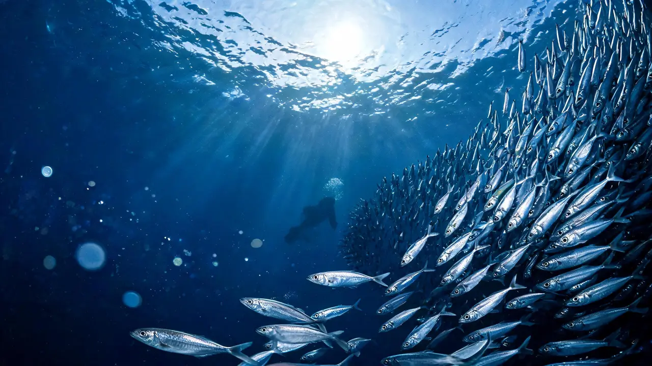 Un plongeur, petit, à côté d'un banc de sardines