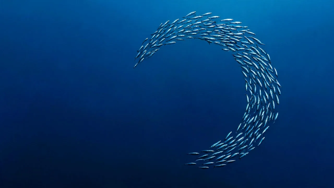 Un banc de sardines qui tourne en formant un arc ouvert